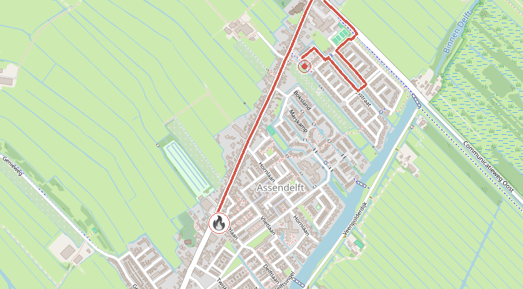 Kaart van de omgeving van de melding, met de kazerne die is gealarmeerd