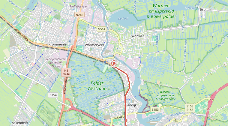 Kaart van de omgeving van de melding, met de kazerne die is gealarmeerd