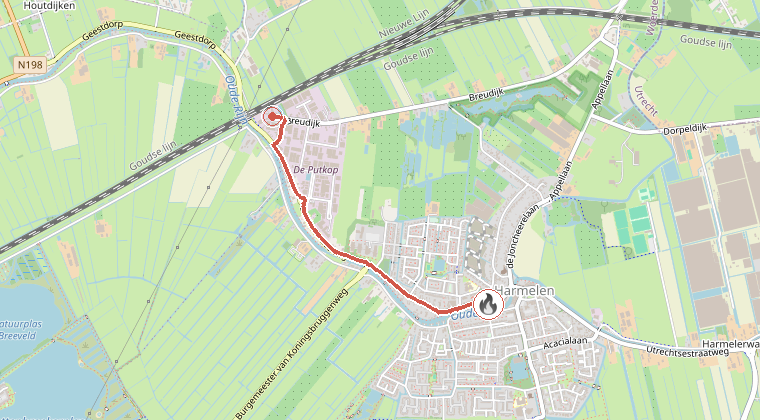 Kaart van de omgeving van de melding, met de kazerne die is gealarmeerd