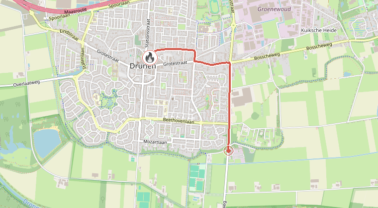 Kaart van de omgeving van de melding, met de kazerne die is gealarmeerd