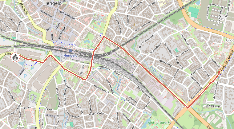 Kaart van de omgeving van de melding, met de kazerne die is gealarmeerd