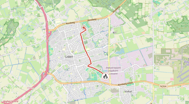 Kaart van de omgeving van de melding, met de kazerne die is gealarmeerd