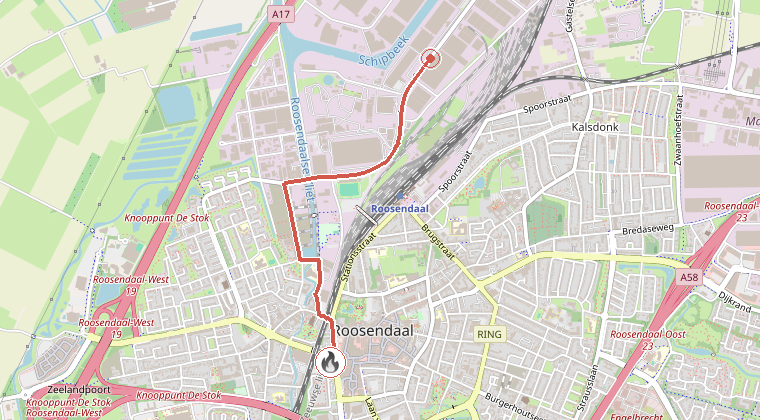 Kaart van de omgeving van de melding, met de kazerne die is gealarmeerd