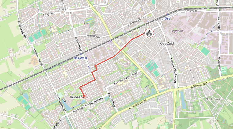 Kaart van de omgeving van de melding, met de kazerne die is gealarmeerd
