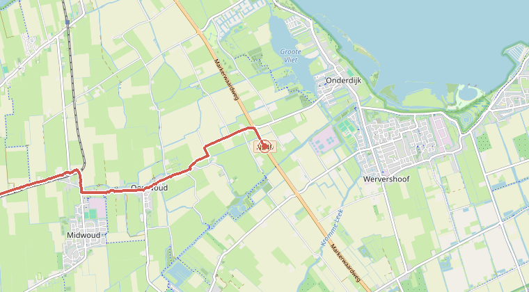 Kaart van de omgeving van de melding, met de kazerne die is gealarmeerd