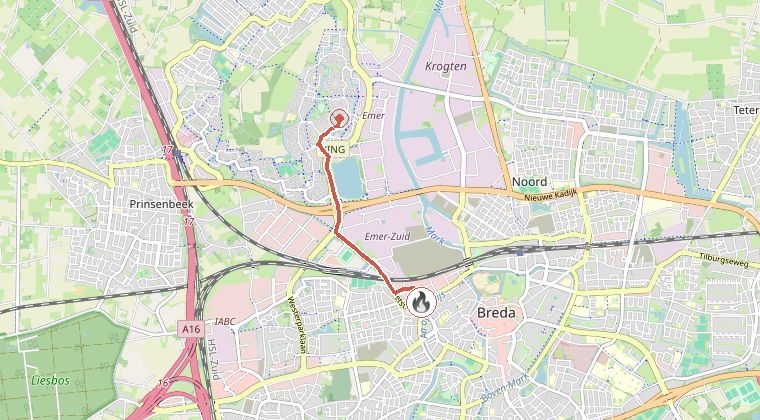 Kaart van de omgeving van de melding, met de kazerne die is gealarmeerd