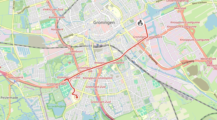 Kaart van de omgeving van de melding, met de kazerne die is gealarmeerd