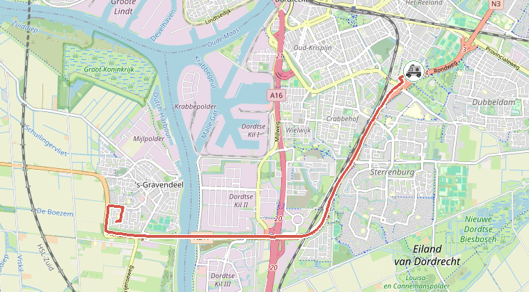 Kaart van de omgeving van de melding, met de kazerne die is gealarmeerd