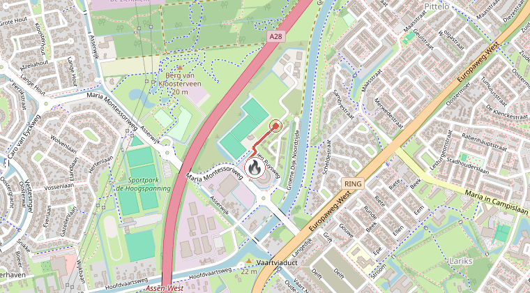Kaart van de omgeving van de melding, met de kazerne die is gealarmeerd