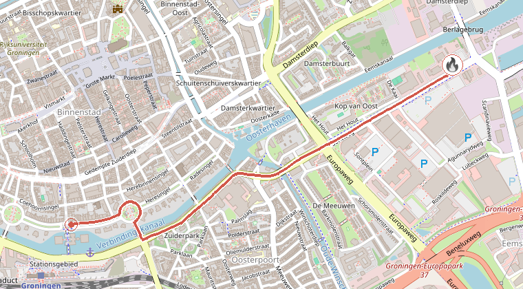 Kaart van de omgeving van de melding, met de kazerne die is gealarmeerd