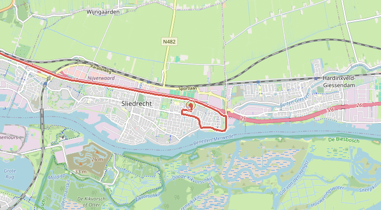Kaart van de omgeving van de melding, met de kazerne die is gealarmeerd