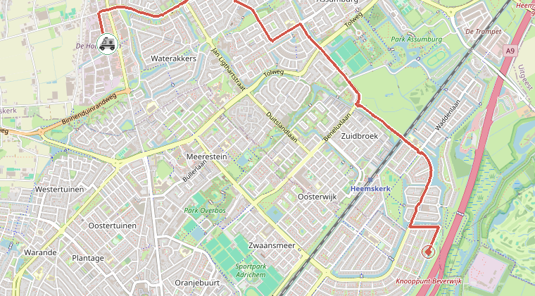 Kaart van de omgeving van de melding, met de kazerne die is gealarmeerd