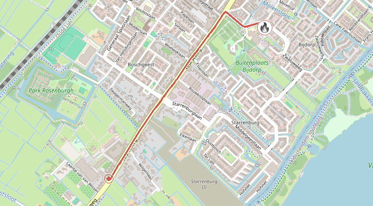 Kaart van de omgeving van de melding, met de kazerne die is gealarmeerd