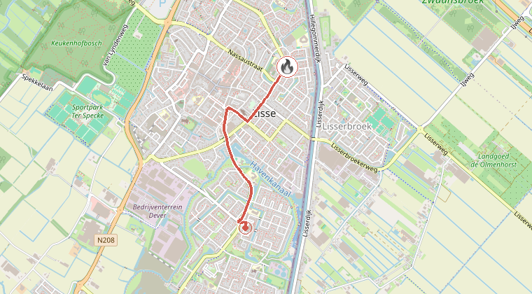 Kaart van de omgeving van de melding, met de kazerne die is gealarmeerd