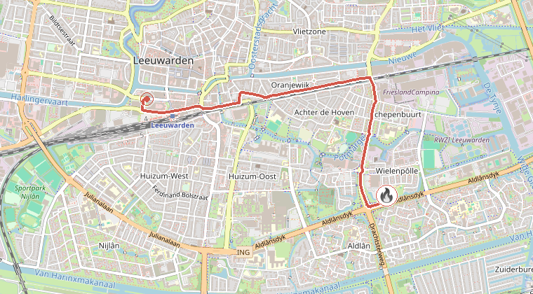 Kaart van de omgeving van de melding, met de kazerne die is gealarmeerd