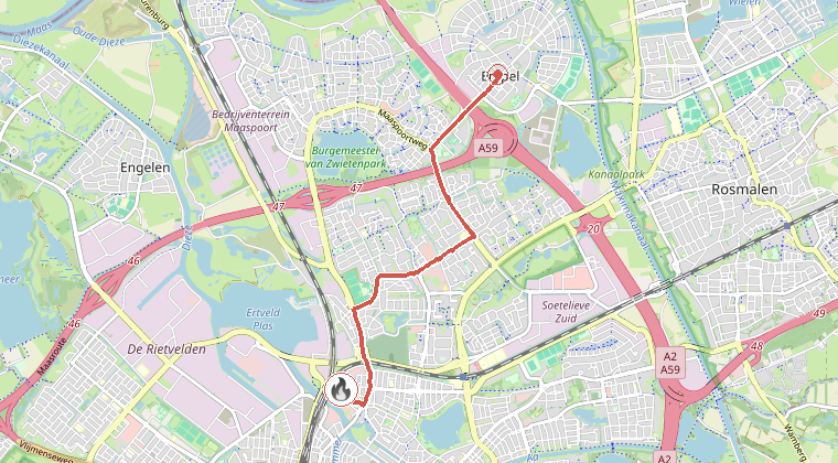 Kaart van de omgeving van de melding, met de kazerne die is gealarmeerd