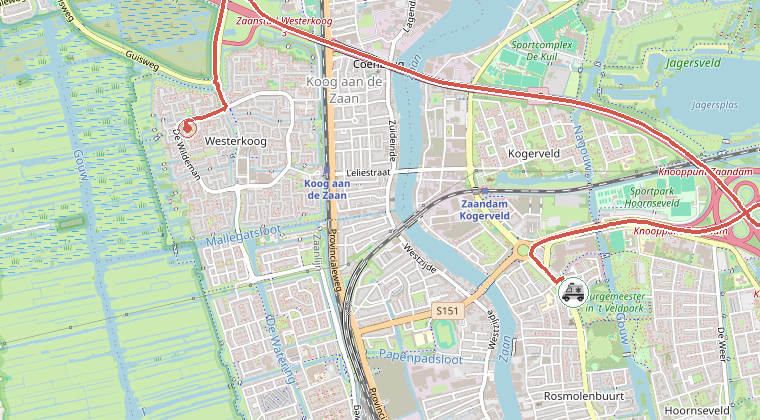 Kaart van de omgeving van de melding, met de kazerne die is gealarmeerd