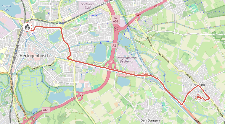 Kaart van de omgeving van de melding, met de kazerne die is gealarmeerd