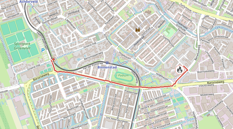 Kaart van de omgeving van de melding, met de kazerne die is gealarmeerd