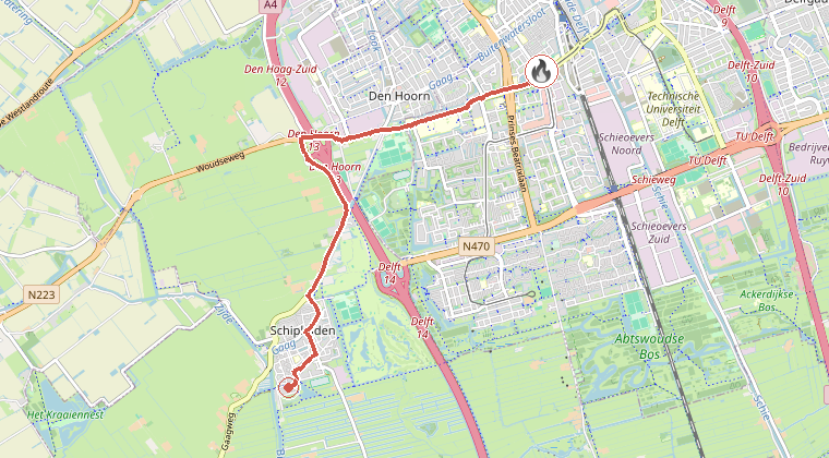 Kaart van de omgeving van de melding, met de kazerne die is gealarmeerd