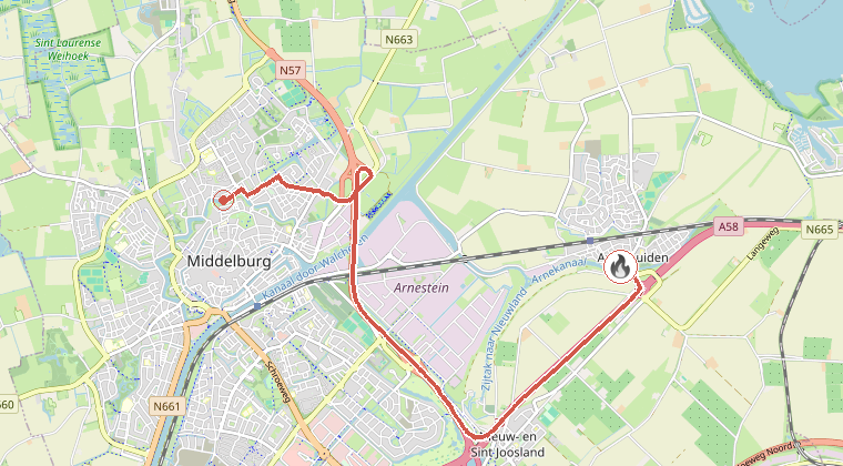 Kaart van de omgeving van de melding, met de kazerne die is gealarmeerd
