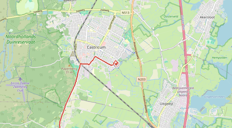 Kaart van de omgeving van de melding, met de kazerne die is gealarmeerd