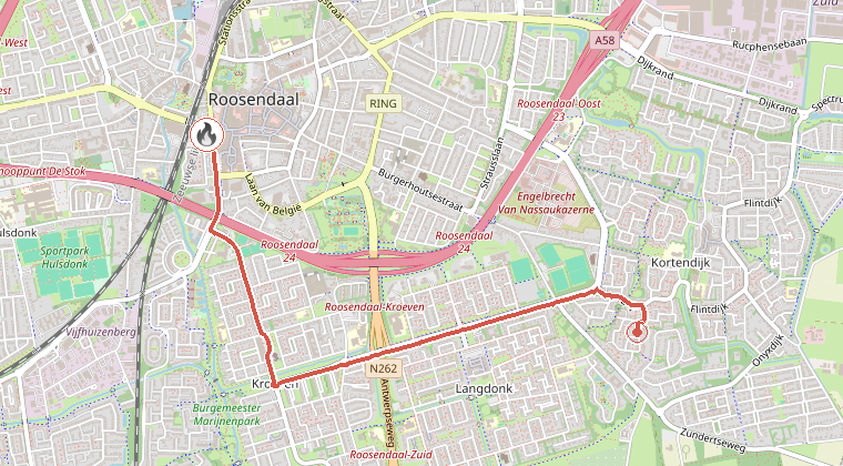 Kaart van de omgeving van de melding, met de kazerne die is gealarmeerd
