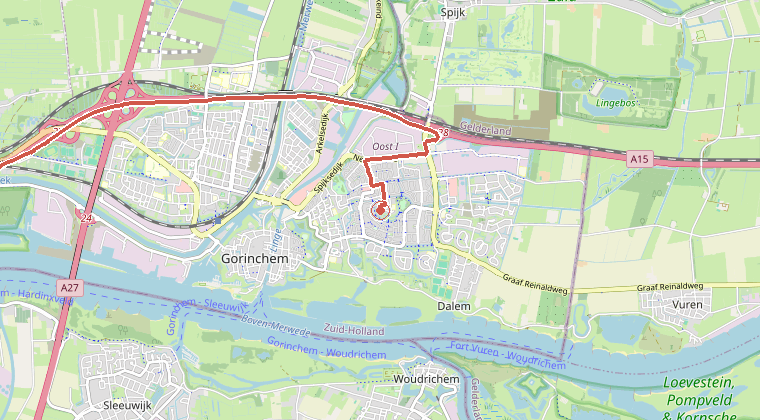 Kaart van de omgeving van de melding, met de kazerne die is gealarmeerd