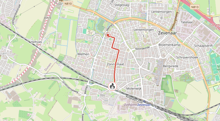 Kaart van de omgeving van de melding, met de kazerne die is gealarmeerd