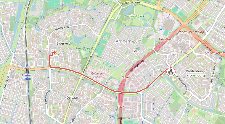 Kaart van de omgeving van de melding, met de kazerne die is gealarmeerd