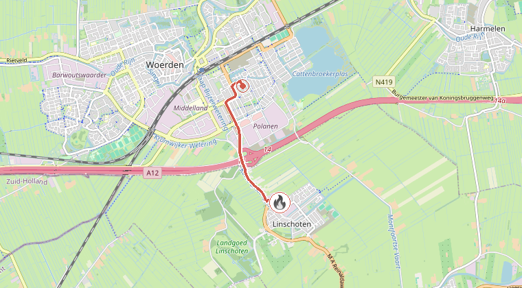 Kaart van de omgeving van de melding, met de kazerne die is gealarmeerd