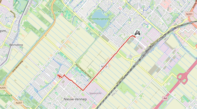 Kaart van de omgeving van de melding, met de kazerne die is gealarmeerd