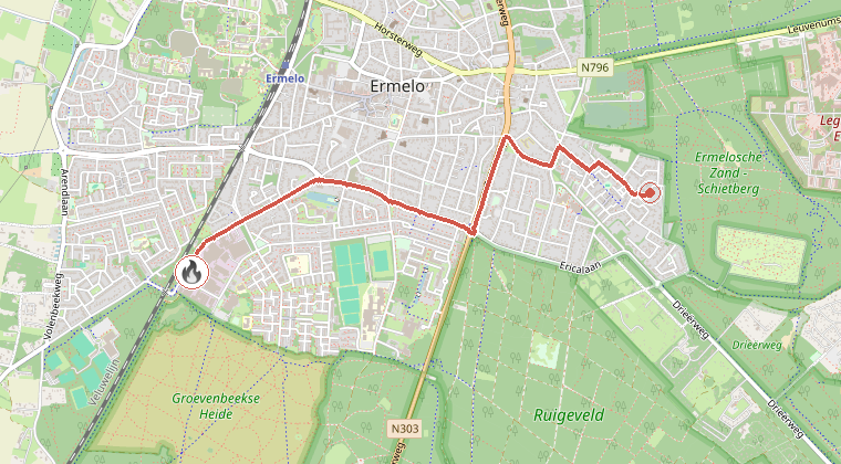 Kaart van de omgeving van de melding, met de kazerne die is gealarmeerd