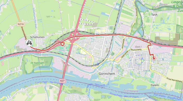 Kaart van de omgeving van de melding, met de kazerne die is gealarmeerd