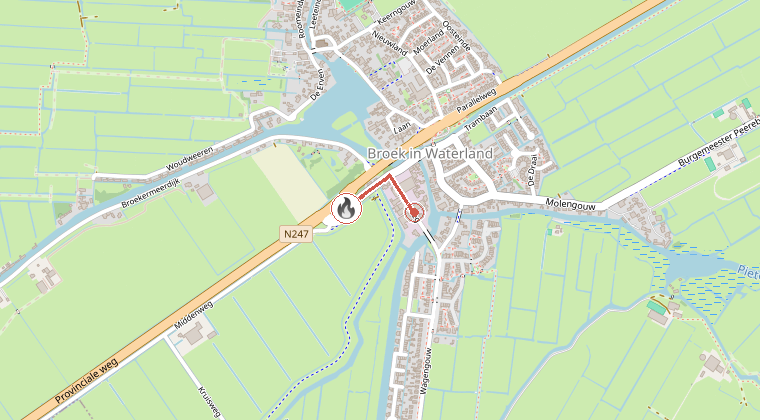Kaart van de omgeving van de melding, met de kazerne die is gealarmeerd