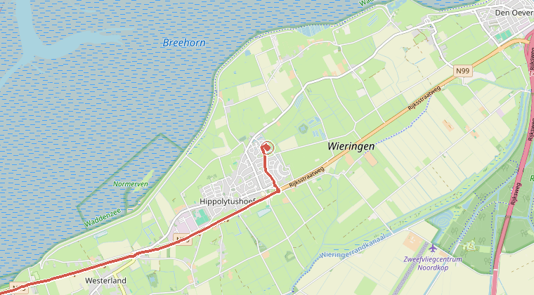 Kaart van de omgeving van de melding, met de kazerne die is gealarmeerd