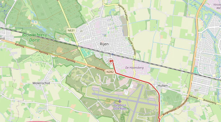 Kaart van de omgeving van de melding, met de kazerne die is gealarmeerd