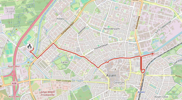 Kaart van de omgeving van de melding, met de kazerne die is gealarmeerd