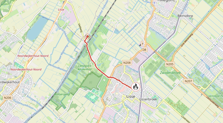 Kaart van de omgeving van de melding, met de kazerne die is gealarmeerd