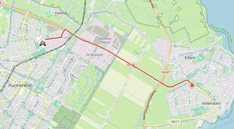 Kaart van de omgeving van de melding, met de kazerne die is gealarmeerd