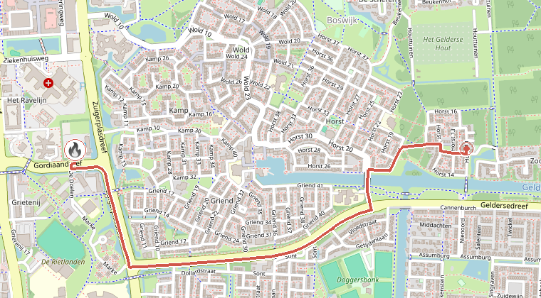 Kaart van de omgeving van de melding, met de kazerne die is gealarmeerd