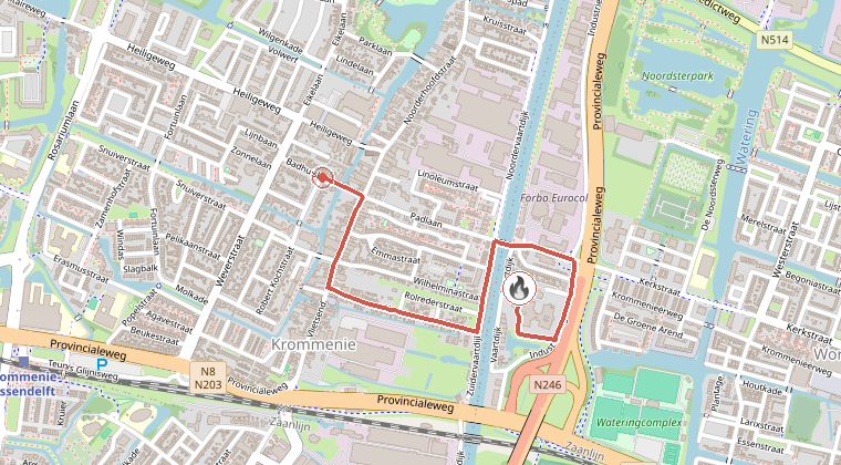 Kaart van de omgeving van de melding, met de kazerne die is gealarmeerd