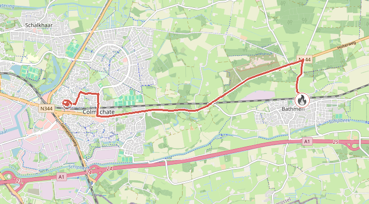 Kaart van de omgeving van de melding, met de kazerne die is gealarmeerd