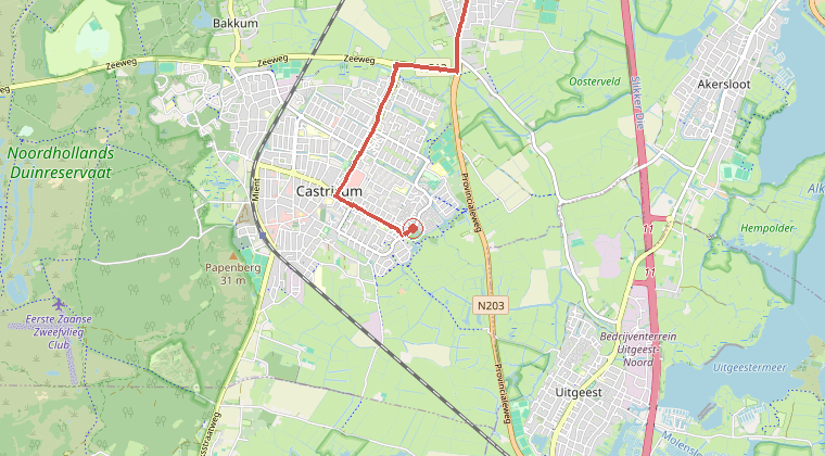 Kaart van de omgeving van de melding, met de kazerne die is gealarmeerd