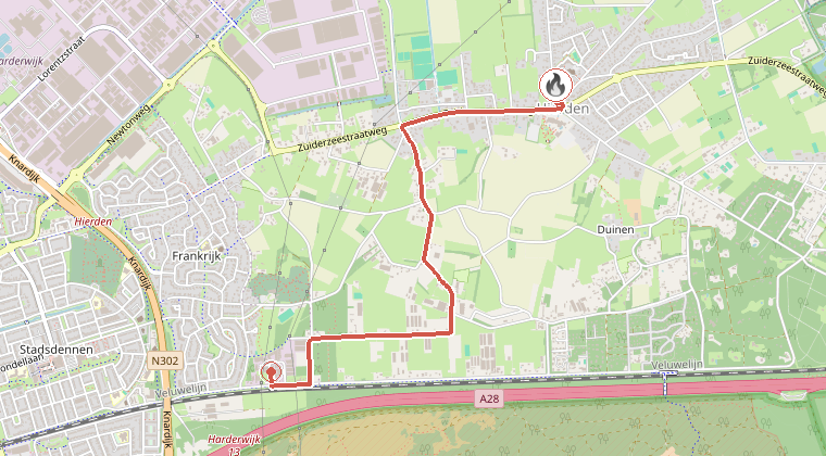 Kaart van de omgeving van de melding, met de kazerne die is gealarmeerd