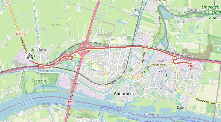 Kaart van de omgeving van de melding, met de kazerne die is gealarmeerd