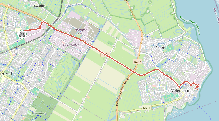 Kaart van de omgeving van de melding, met de kazerne die is gealarmeerd