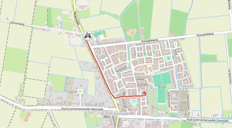 Kaart van de omgeving van de melding, met de kazerne die is gealarmeerd