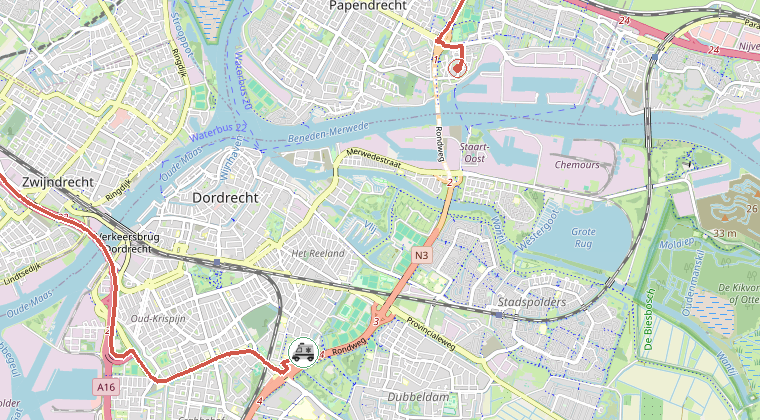 Kaart van de omgeving van de melding, met de kazerne die is gealarmeerd