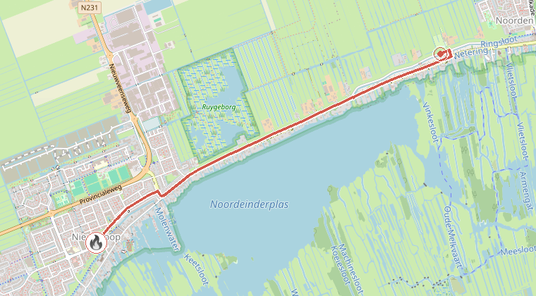 Kaart van de omgeving van de melding, met de kazerne die is gealarmeerd